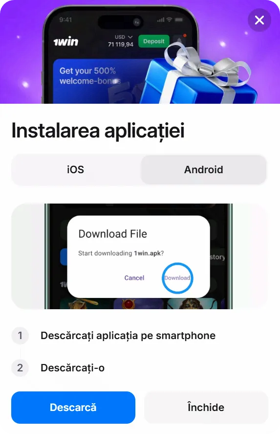 Instalare APK 1Win pe telefon Android — ecran cu pași