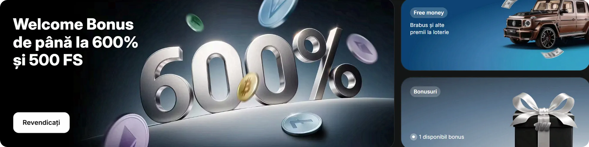 Ecranul principal 1Win — bonus de bun venit 500% și secțiuni cazino