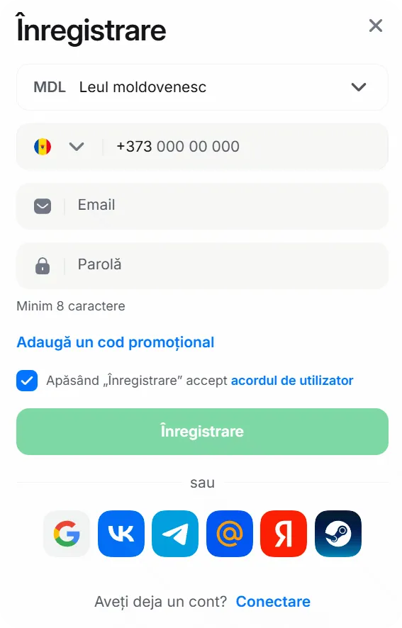 Formularul de înregistrare 1Win — selectare valută MDL și număr +373